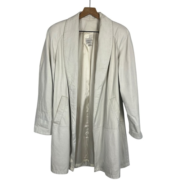 VTG 80s VAKKO Womens Embossed Leather Coat White Open Front Small Oversized - Picture 2 of 14